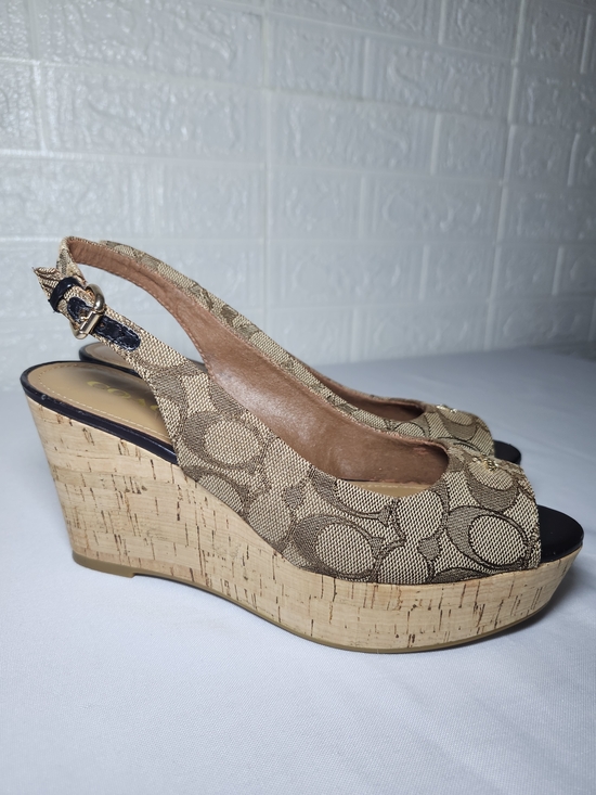 Coach Shoes - Coach Women's Slingback Wedge Sandals Tan Monogram Size 8